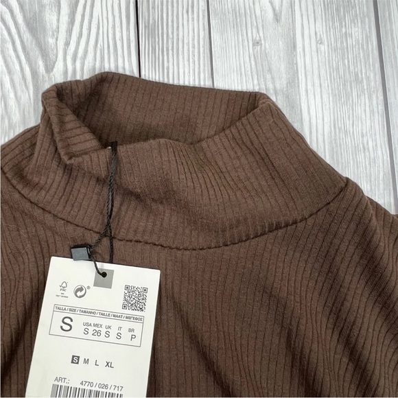 Zara Womens Top Brown UK S Sleeveless Ruched Adjustable Sides Ribbed High Neck - Picture 3 of 16